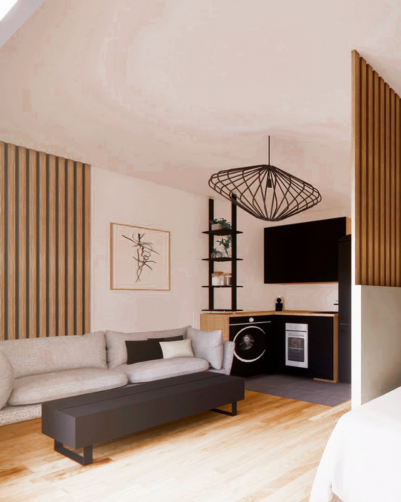 Aménagement et décoration d'un studio acheté en VEFA (Vente en l'État Futur d'Achèvement) dans les tons kaki et noir. Création d'une chambre avec claustras en bois. Gris, Bois, Cuisine noir, claustra, cloison, aménagement de petits espaces, Cuisine, espace chambre. Fanny Guegan Architecte d'intérieur et décoration au Val d'Europe, Seine-et-Marne près de Paris