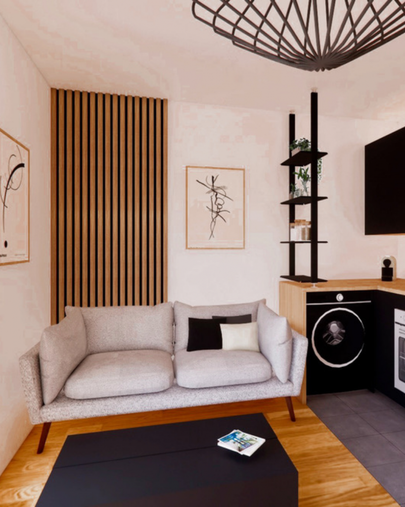 Aménagement et décoration d'un studio acheté en VEFA (Vente en l'État Futur d'Achèvement) dans les tons kaki et noir. Création d'une chambre avec claustras en bois. Gris, Bois, Cuisine noir, claustra, cloison, aménagement de petits espaces, Cuisine, espace chambre. Fanny Guegan Architecte d'intérieur et décoration au Val d'Europe, Seine-et-Marne près de Paris