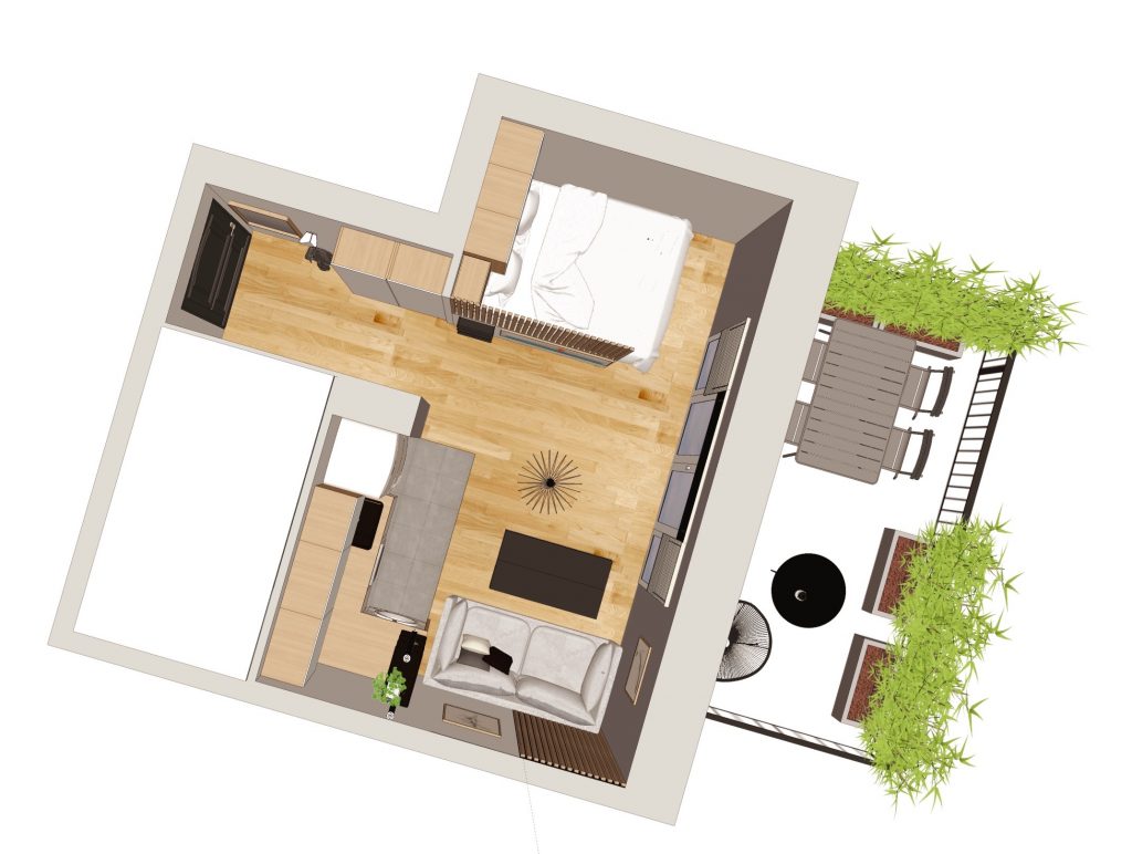 Aménagement et décoration d'un studio acheté en VEFA (Vente en l'État Futur d'Achèvement) dans les tons kaki et noir. Création d'une chambre avec claustras en bois. Gris, Bois, Cuisine noir, claustra, cloison, aménagement de petits espaces, Cuisine, espace chambre. Fanny Guegan Architecte d'intérieur et décoration au Val d'Europe, Seine-et-Marne près de Paris
