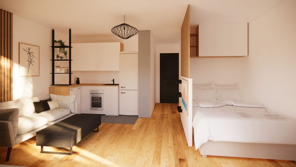 Aménagement et décoration d'un studio acheté en VEFA (Vente en l'État Futur d'Achèvement) dans les tons kaki et noir. Création d'une chambre avec claustras en bois. Gris, Bois, Cuisine noir, claustra, cloison, aménagement de petits espaces, Cuisine, espace chambre. Fanny Guegan Architecte d'intérieur et décoration au Val d'Europe, Seine-et-Marne près de Paris