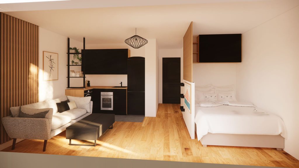 Aménagement et décoration d'un studio acheté en VEFA (Vente en l'État Futur d'Achèvement) dans les tons kaki et noir. Création d'une chambre avec claustras en bois. Gris, Bois, Cuisine noir, claustra, cloison, aménagement de petits espaces, Cuisine, espace chambre. Fanny Guegan Architecte d'intérieur et décoration au Val d'Europe, Seine-et-Marne près de Paris