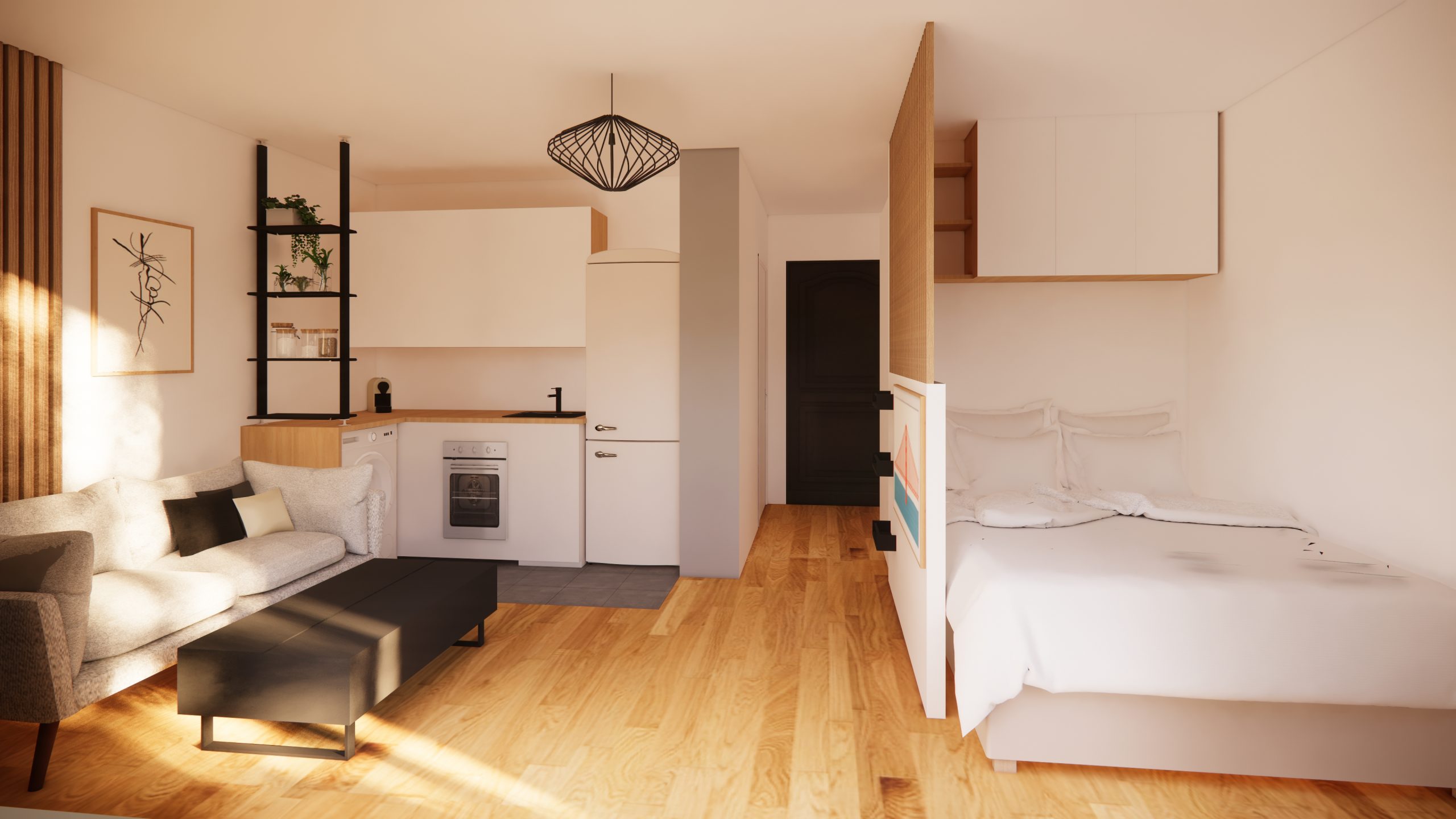 Aménagement et décoration d'un studio acheté en VEFA (Vente en l'État Futur d'Achèvement) dans les tons kaki et noir. Création d'une chambre avec claustras en bois. Gris, Bois, Cuisine noir, claustra, cloison, aménagement de petits espaces, Cuisine, espace chambre. Fanny Guegan Architecte d'intérieur et décoration au Val d'Europe, Seine-et-Marne près de Paris