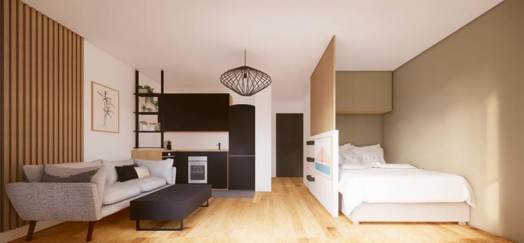 Aménagement et décoration d'un studio acheté en VEFA (Vente en l'État Futur d'Achèvement) dans les tons kaki et noir. Création d'une chambre avec claustras en bois. Gris, Bois, Cuisine noir, claustra, cloison, aménagement de petits espaces, Cuisine, espace chambre. Fanny Guegan Architecte d'intérieur et décoration au Val d'Europe, Seine-et-Marne près de Paris

