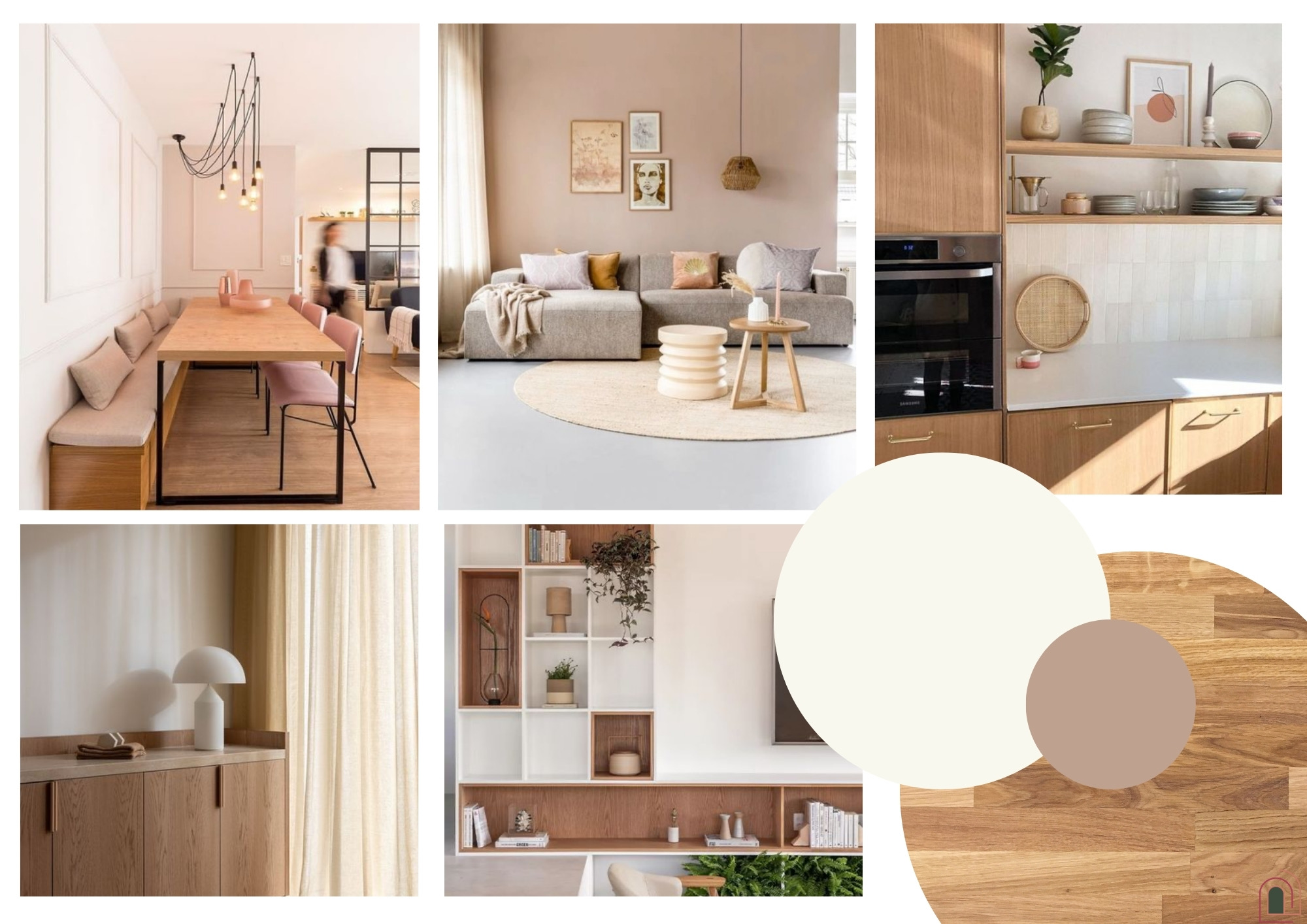 moodboard d'Idées déco pour une maison chic et cosy. Un espace harmonieux et chaleureux 
Une décoration en bois avec canapé confortable. une bibliothèque sur mesure en bois et blanc intemporel et très chaleureux 

